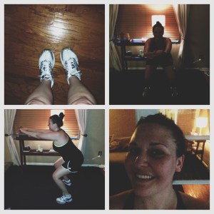 Sheryl shows off her excellent jump squat form during her living room workout.